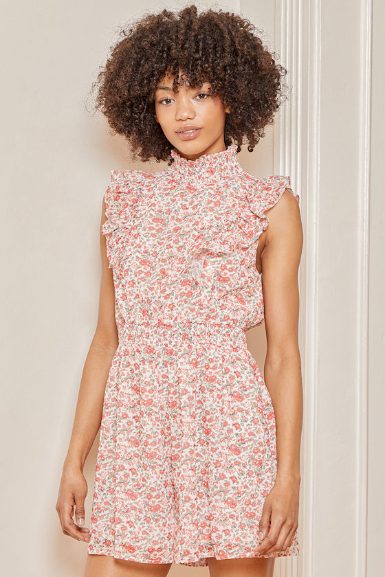 Amazing Days White Floral Print Ruffled Mock Neck Romper 3