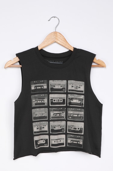 Prince Peter Cassette Tapes Washed Black Cropped Graphic Muscle Tank Top