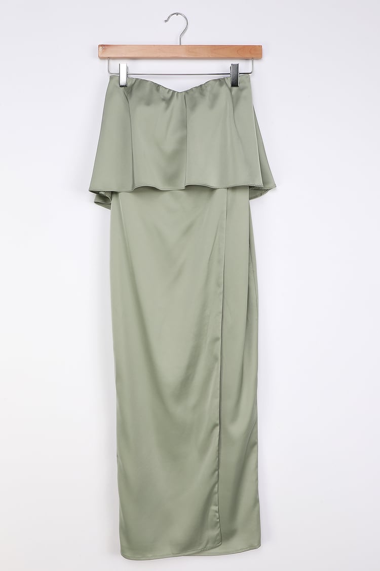 Green Satin Midi Dress - Twist-Front Dress - Strapless Slip Dress - Lulus