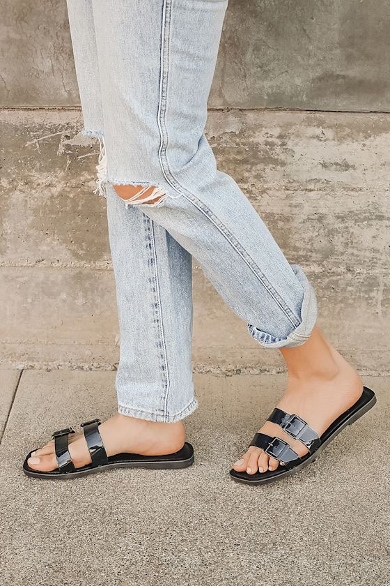 Cute Black Sandals - Patent Faux Leather Sandals - Slide Sandals - Lulus