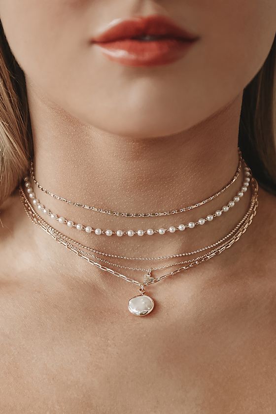 Heart of the Ocean Gold Pearl Layered Choker Necklace Set 1