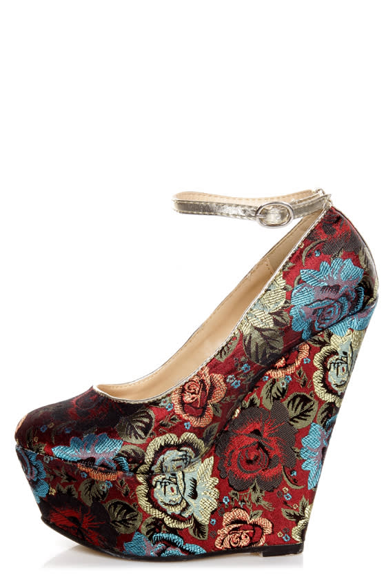 Torri Red Floral Brocade Platform Wedges