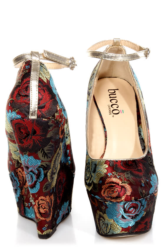 Torri Red Floral Brocade Platform Wedges