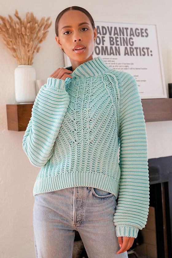 Sweetheart Light Blue Chunky Knit Mock Neck Oversized Sweater 5