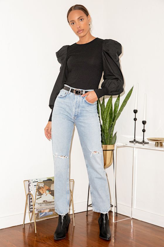 Classy and Fabulous Black Ribbed Knit Puff Sleeve Top 6