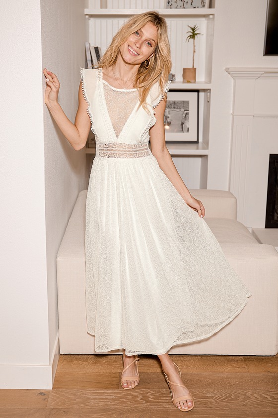 White Midi Dress - Lace Midi Dress - Ruffled Dress - Lulus