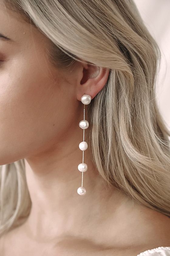 Melbourne Rose Gold Crystal Long Pearl Drop Earrings - Ivory & Co