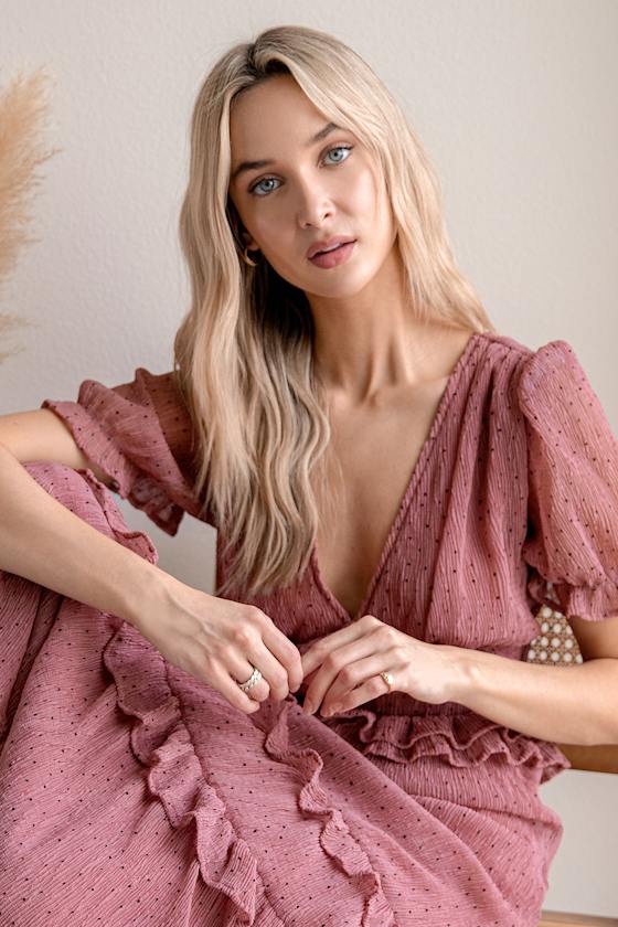 Know Your Heart Rose Pink Polka Dot Ruffled Midi Dress 2
