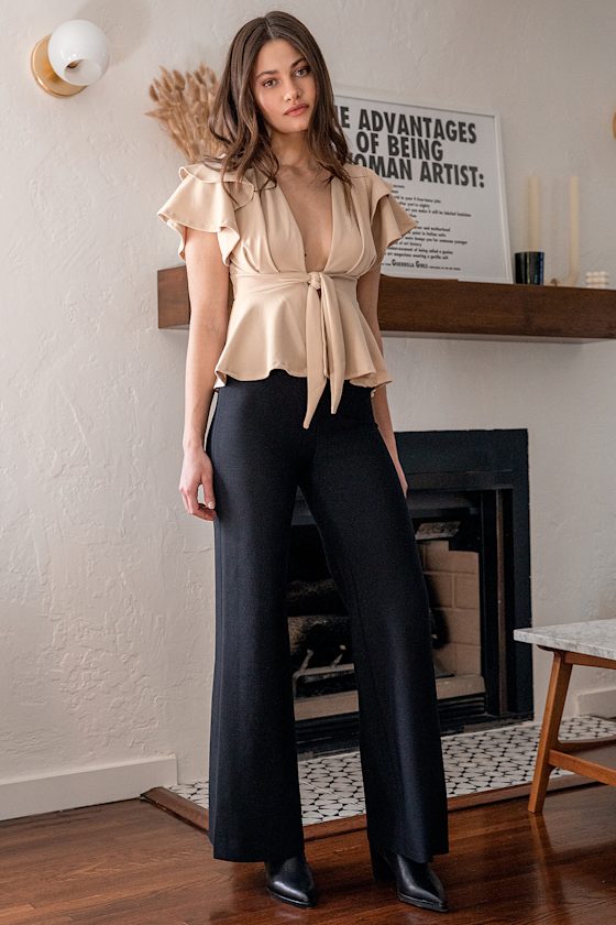 Perfect Flirt Beige Tie-Front Ruffled Peplum Top 4