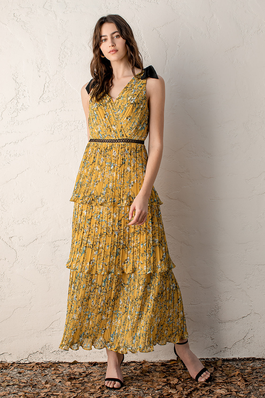 Yellow Floral Wedding Guest Dress with Ruffles for Summer Wedding and Wedding in Greece