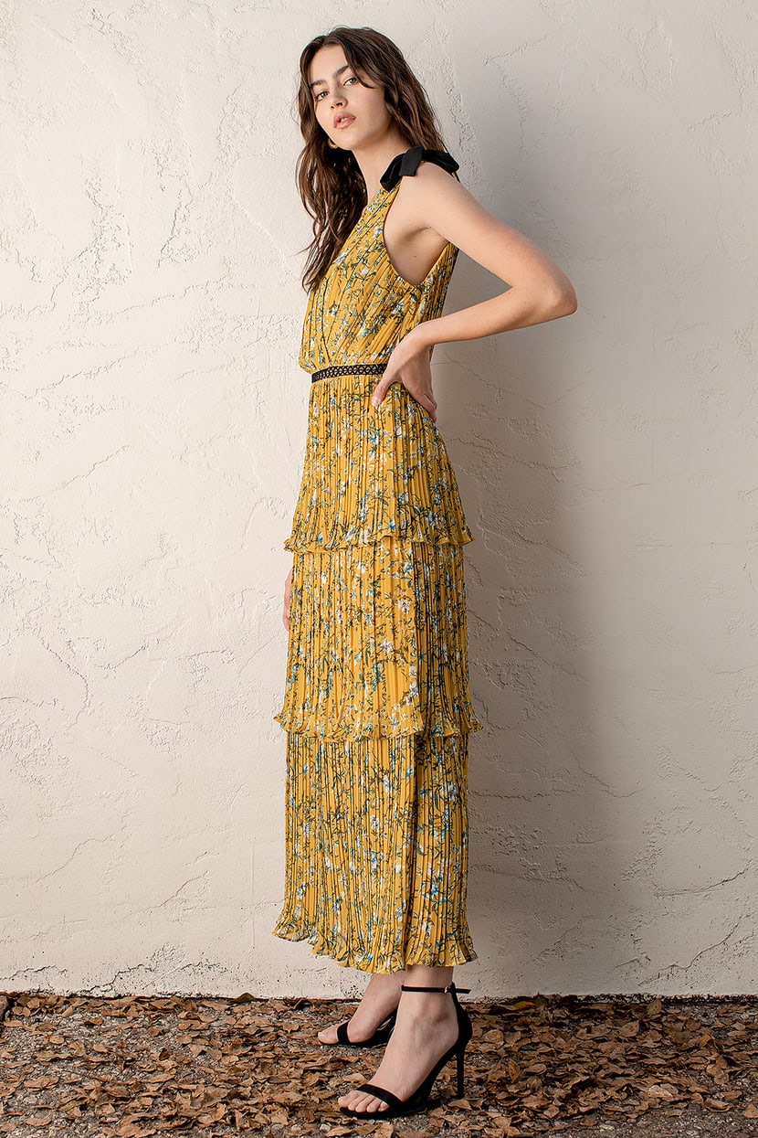Yellow Floral Print Dress - Tiered Maxi Dress - Pleated Dress - Lulus