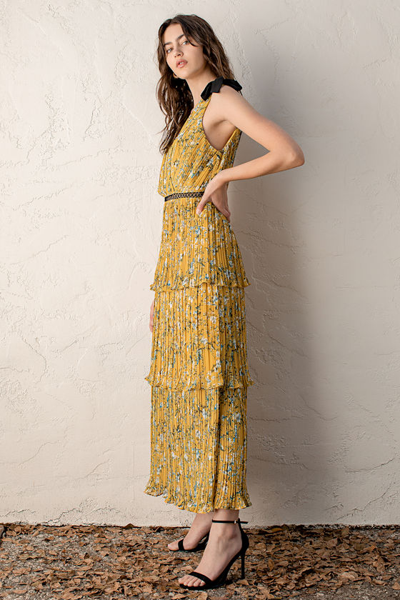 Yellow Floral Print Dress - Tiered Maxi Dress - Pleated Dress - Lulus