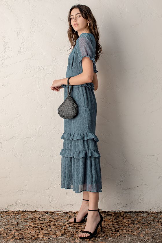Know Your Heart Dusty Blue Polka Dot Ruffled Midi Dress 5