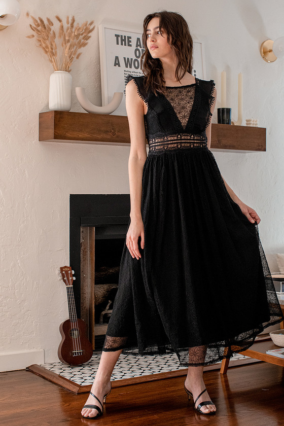 Black Midi Dress - Floral Lace Midi Dress - Ruffled Midi Dress - Lulus