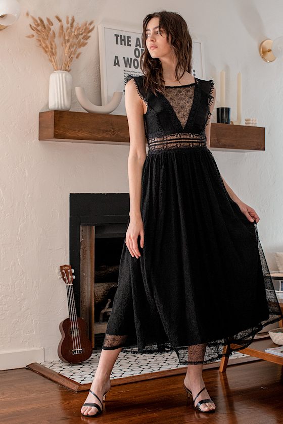 Completely Lovestruck Black Lace Midi Dress 4