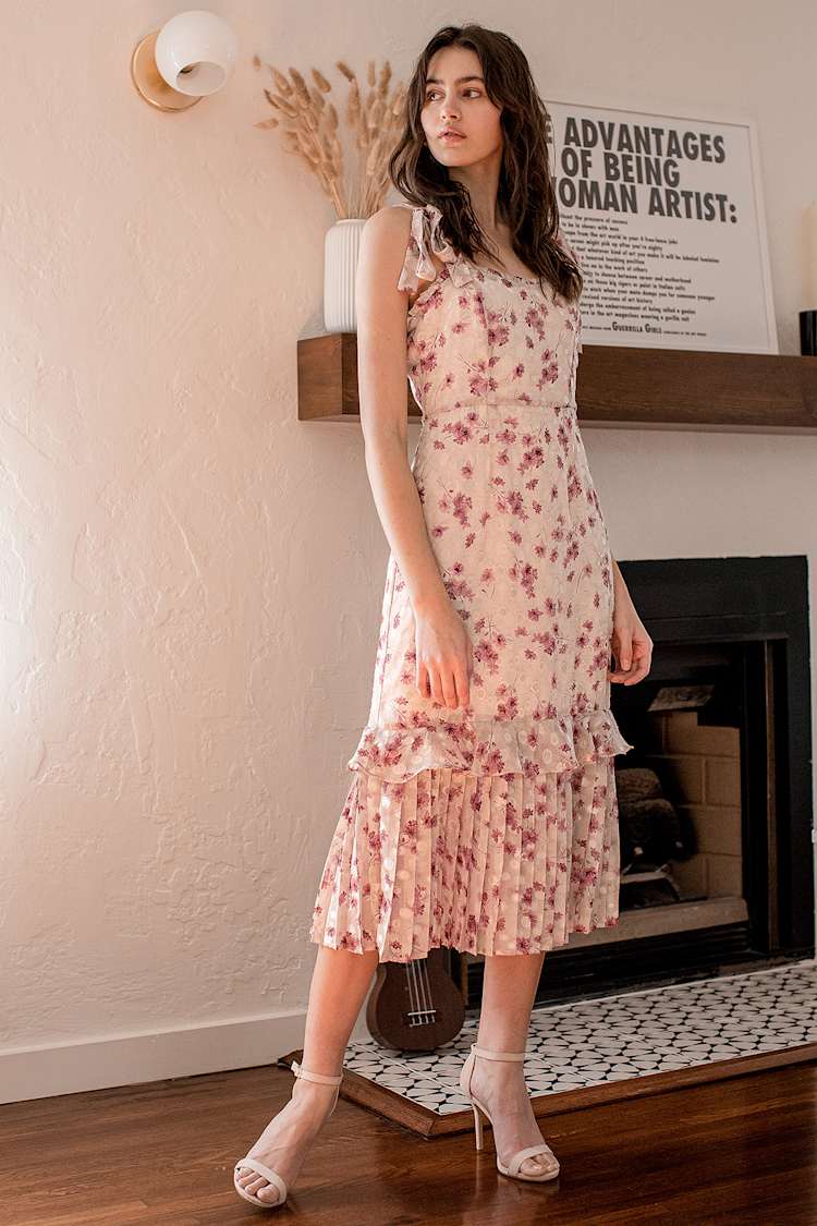 Taupe Floral Dress Chiffon Midi Dress Ruffled Midi Dress Lulus