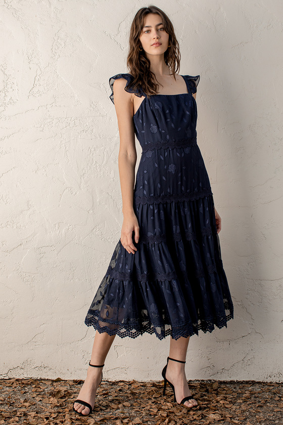 Navy Blue Dress - Floral Jacquard Dress - Tiered Midi Dress - Lulus