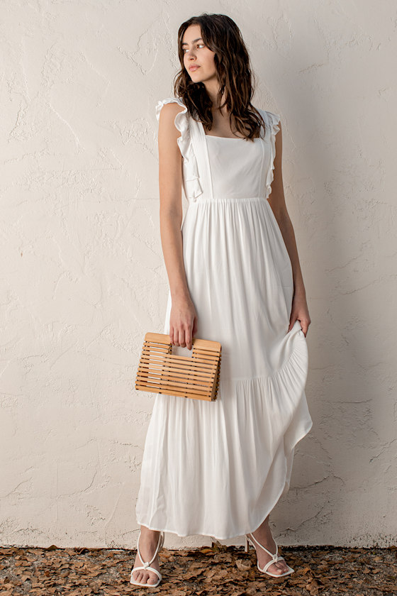 Breezy Sunsets White Tie-Back Ruffled Maxi Dress 1