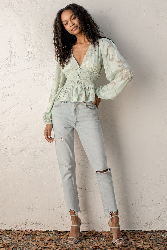 Green Floral Top - Jacquard Top - Floral Embossed Long