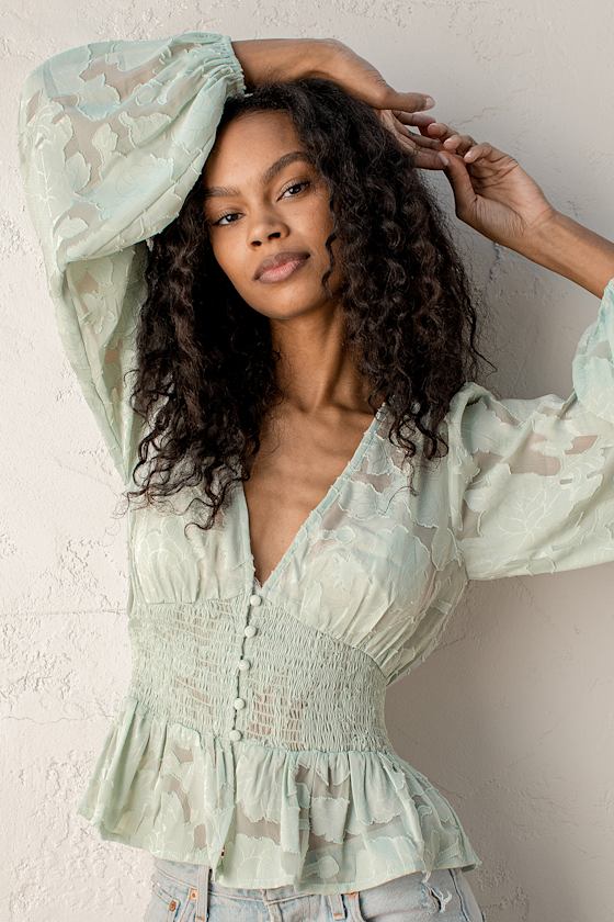 Green Floral Top - Jacquard Top - Floral Embossed Long Sleeve Top