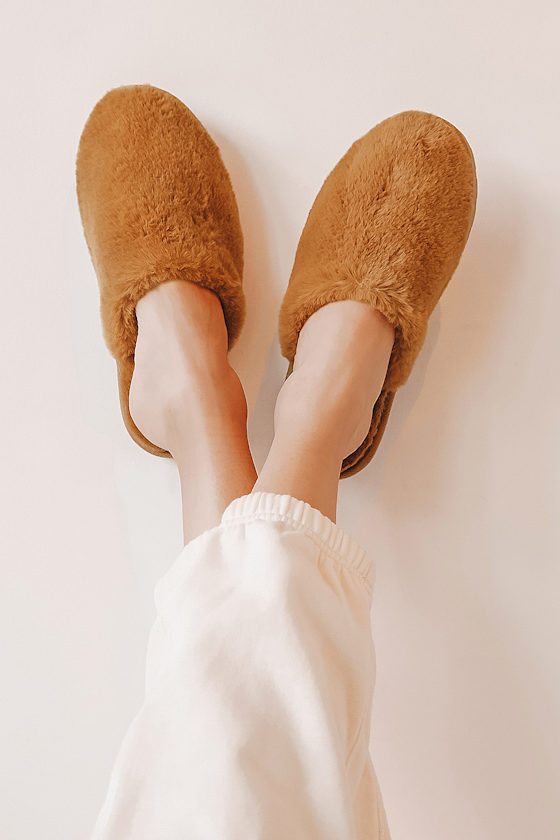 Camel Faux Fur Slippers Slide Slippers Closed Toe Slippers Lulus