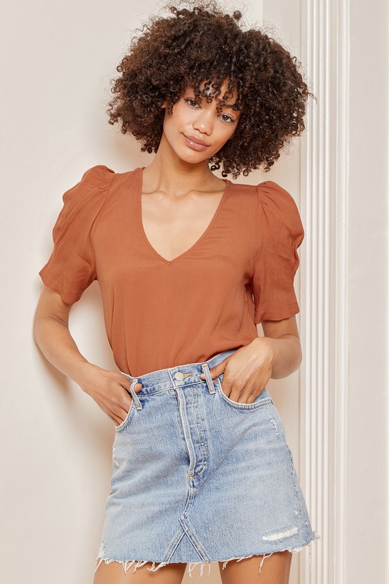Rust Orange Blouse Puff Sleeve Top Short Sleeve V Neck Top