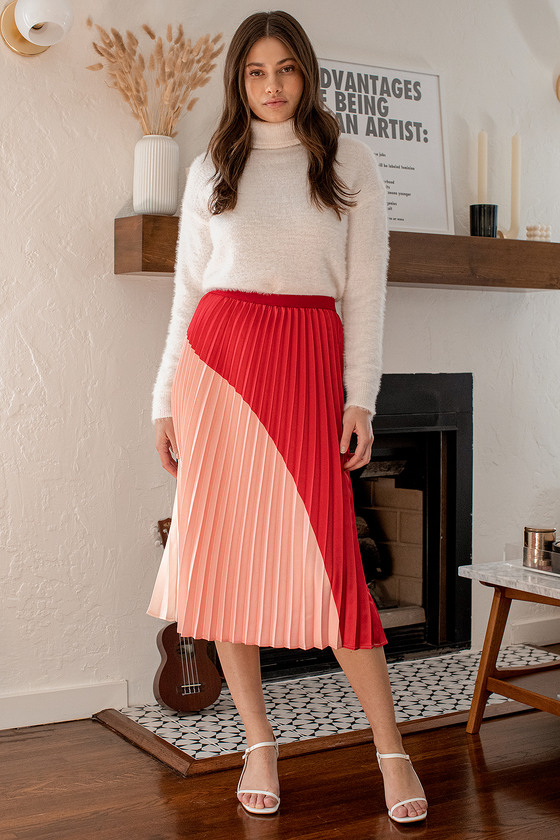 Your Favorite Hello Pink Color Block Pleated Midi Skirt