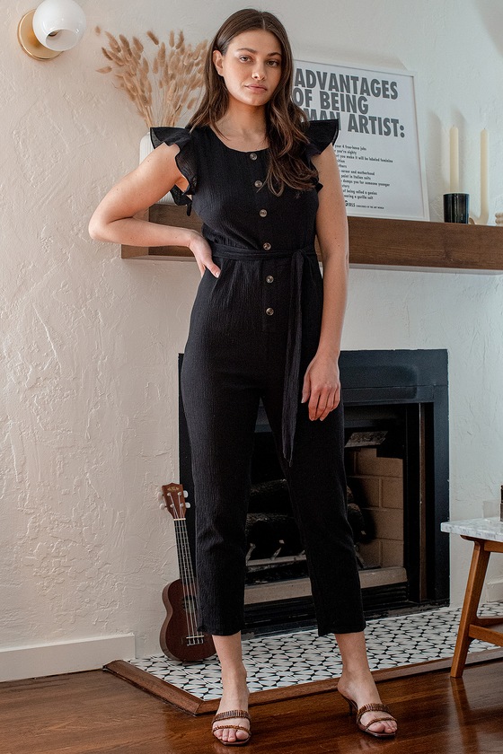 Lulus | Sunny Day Dreamer Black Ruffled Button-Front Jumpsuit | Size Large | 100% Cotton