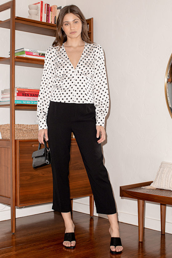Cambera White Polka Dot Satin Button-Up Crop Top 2