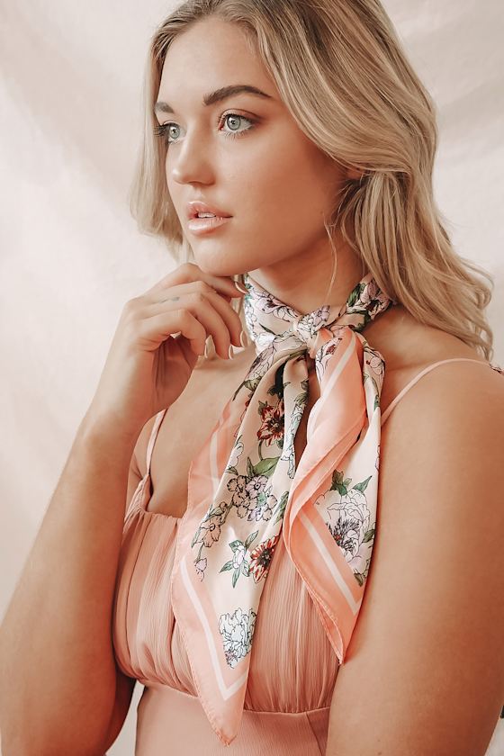 For Me? Peach Multi Floral Print Satin Handkerchief Scarf 1