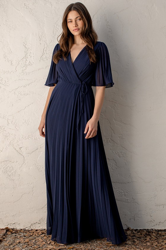 Love Me Every Day Navy Blue Pleated Wrap Maxi Dress