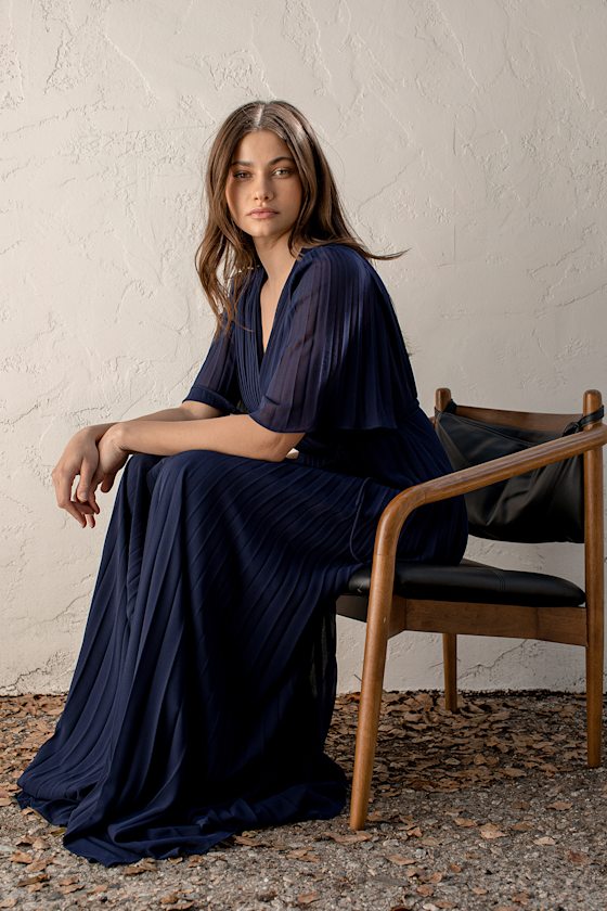 Love Me Every Day Navy Blue Pleated Wrap Maxi Dress 1