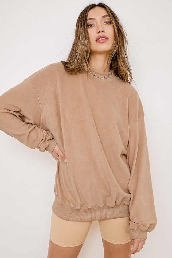 Kick Back Tan Fleece Oversized Pullover Sweatshirt 1