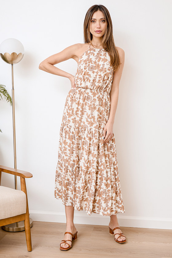 Ivory Floral Print Dress - Halter Midi Dress - Tiered Midi Dress - Lulus