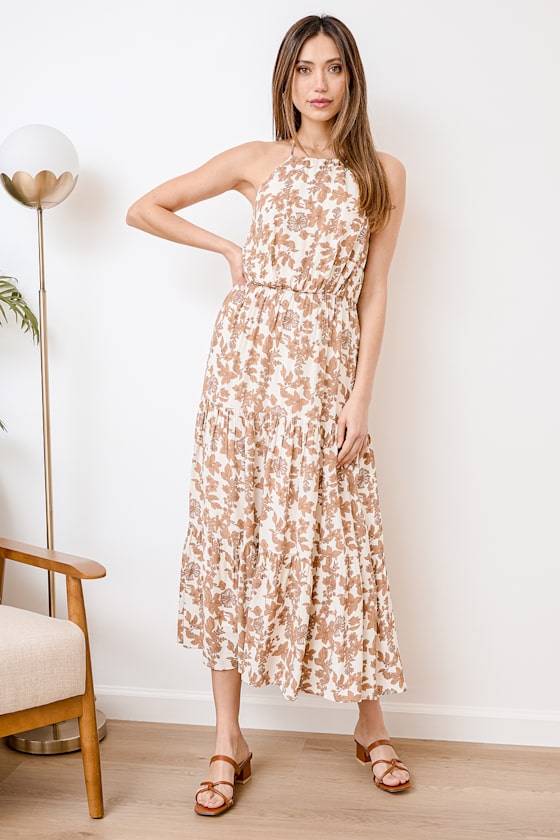 Keep it Sweet Ivory Floral Print Halter Tiered Midi Dress 1