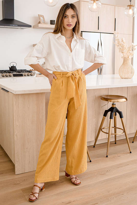 Spring Things Up Golden Yellow Belted Wide-Leg Pants 1