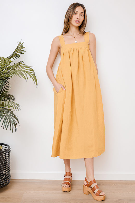Mustard Yellow Midi Dress Shift Midi Dress Linen Midi Dress Lulus