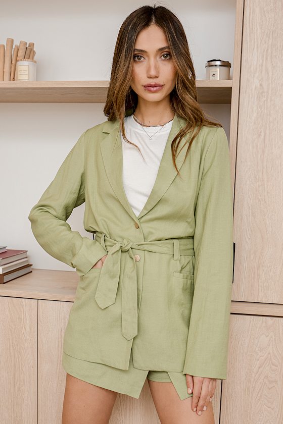 Delightfully Breezy Light Green Belted Blazer 3