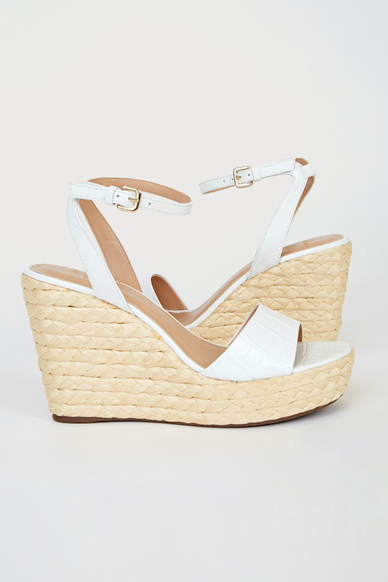 Wade White Crocodile-Embossed Ankle Strap Espadrille Wedges 1