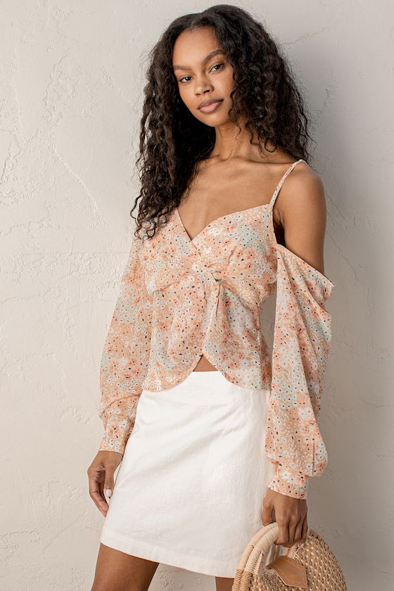 Getting Flirty Beige Floral Print Asymmetrical Long Sleeve Top 5