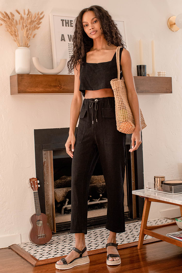 Black Cropped Pants - Drawstring Pants - Black Linen Pants - Lulus