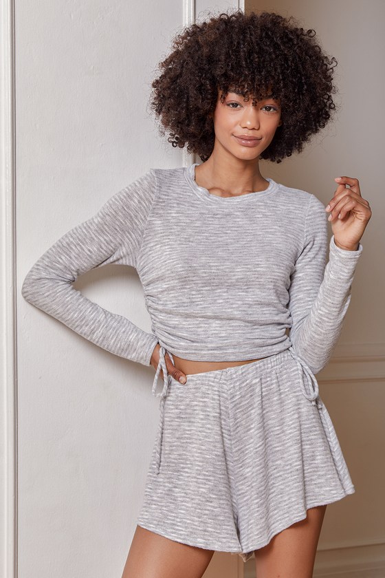 Grey Striped Lounge Top - Hacci Knit Top - Drawstring Side Top - Lulus