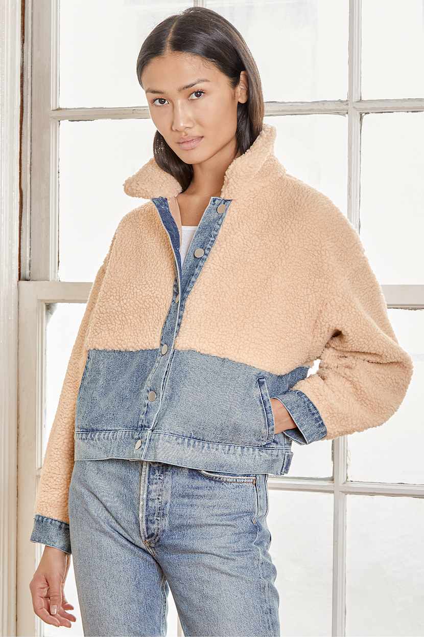 Medium Wash Denim Jacket - Teddy Jacket - Faux Fur Jacket - Lulus