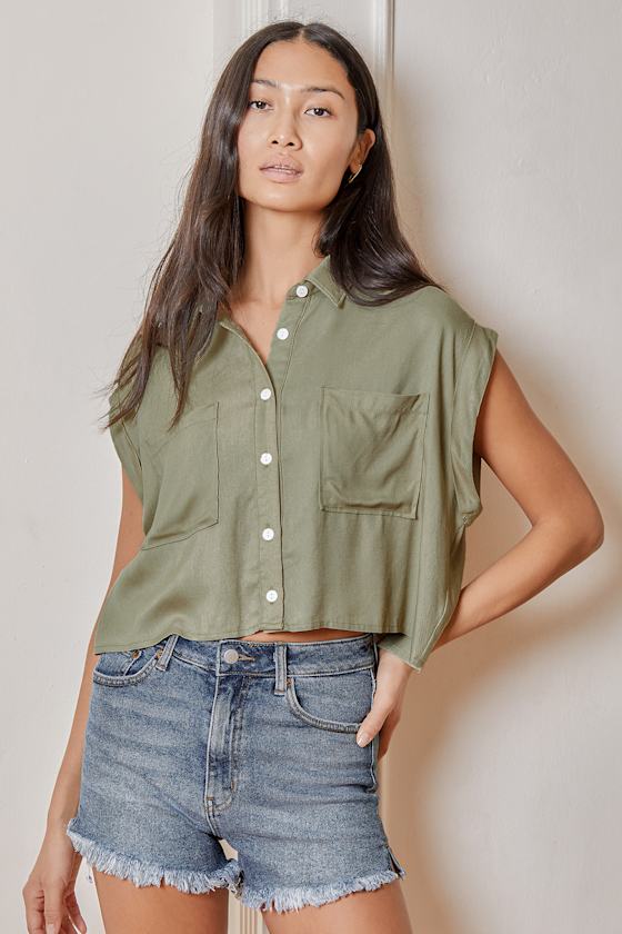 Olive Green Top - Button-Up Top - Crop 