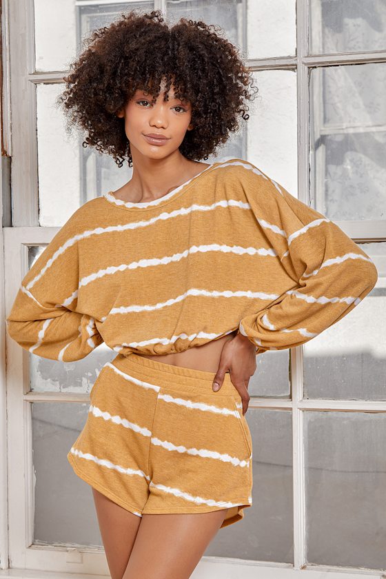 Mustard Yellow Top TieDye Crop Top Balloon Sleeve Sweatshirt Lulus