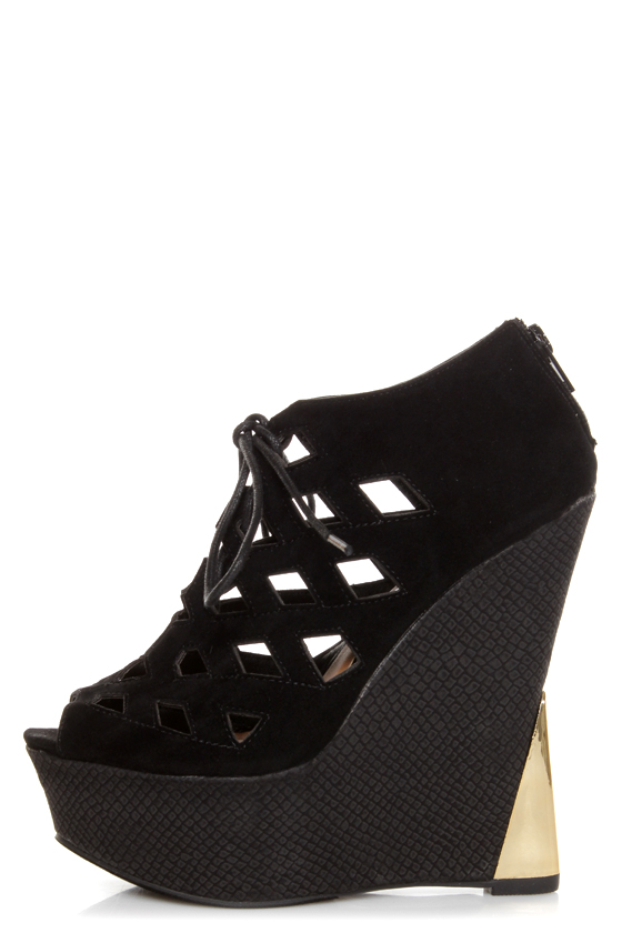 Sanders 27 Black Lace-Up Lattice Cutout Shootie Wedges