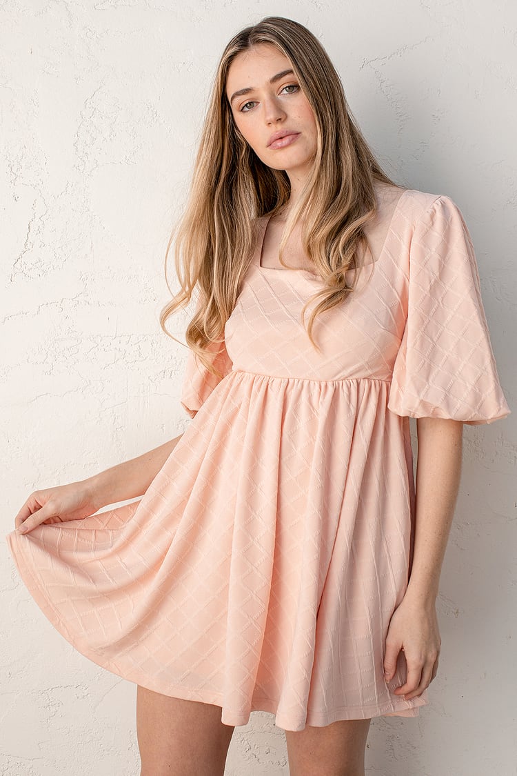 Pretty Pink Babydoll Dress - Puff Sleeve Mini Dress - Square Neck