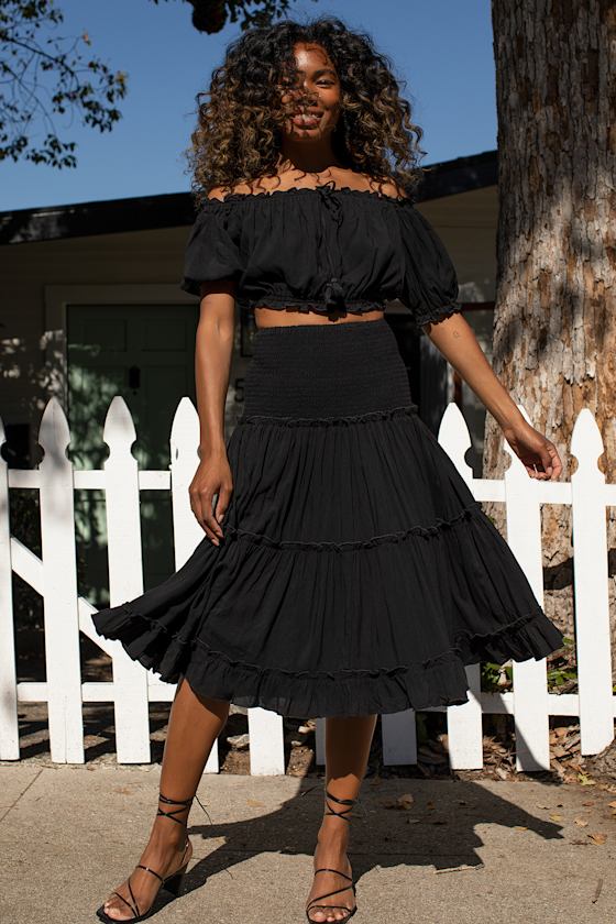 Summer Feeling Black Smocked Tiered Midi Skirt 1