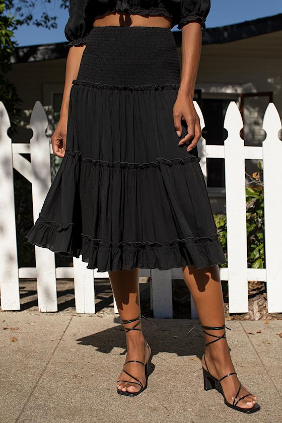 Summer Feeling Black Smocked Tiered Midi Skirt 2
