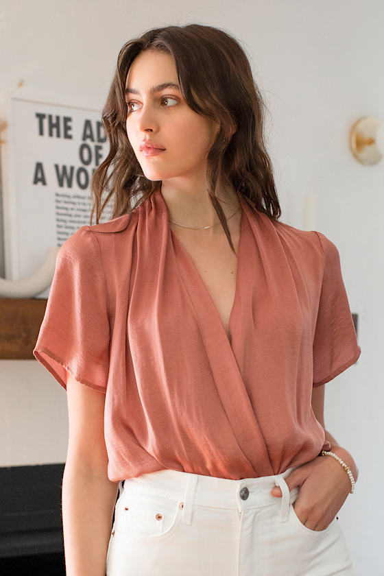 Bonjour Mon Amour Rusty Rose Satin Surplice Bodysuit 5